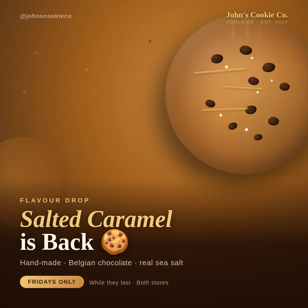 Sample Ember Stories post for John's Cookie Company: a flavour spotlight card in warm cream and caramel tones