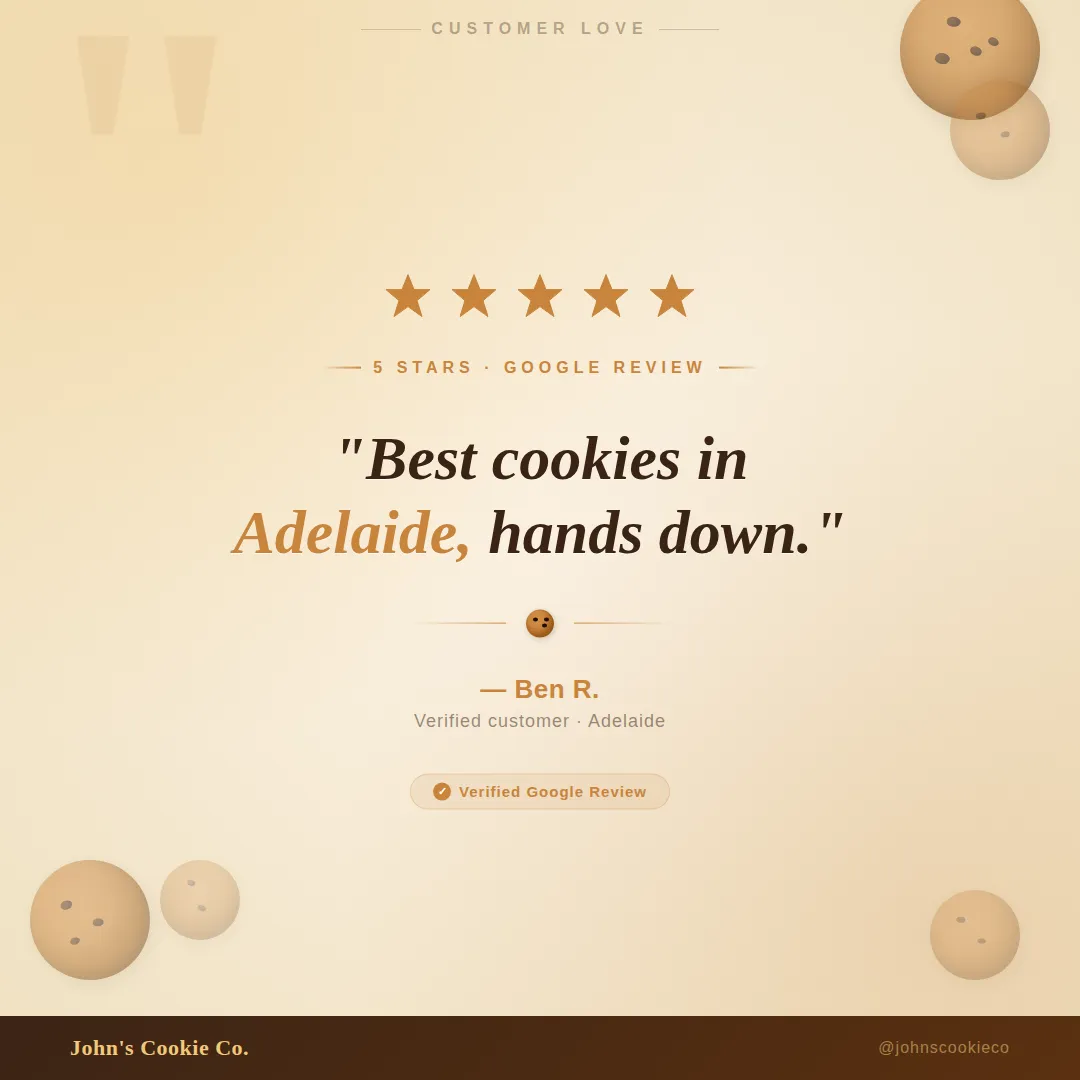 Sample Ember Stories post for John's Cookie Company: a customer-review highlight card