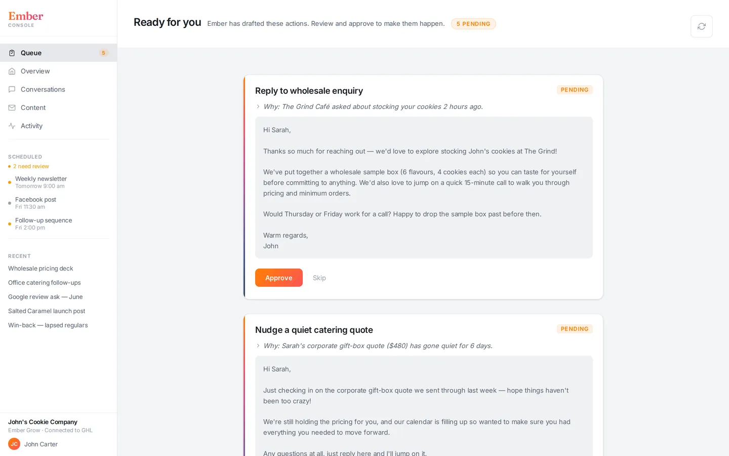 Ember Console approval queue showing five pending draft actions for a demo bakery business, with orange Approve buttons