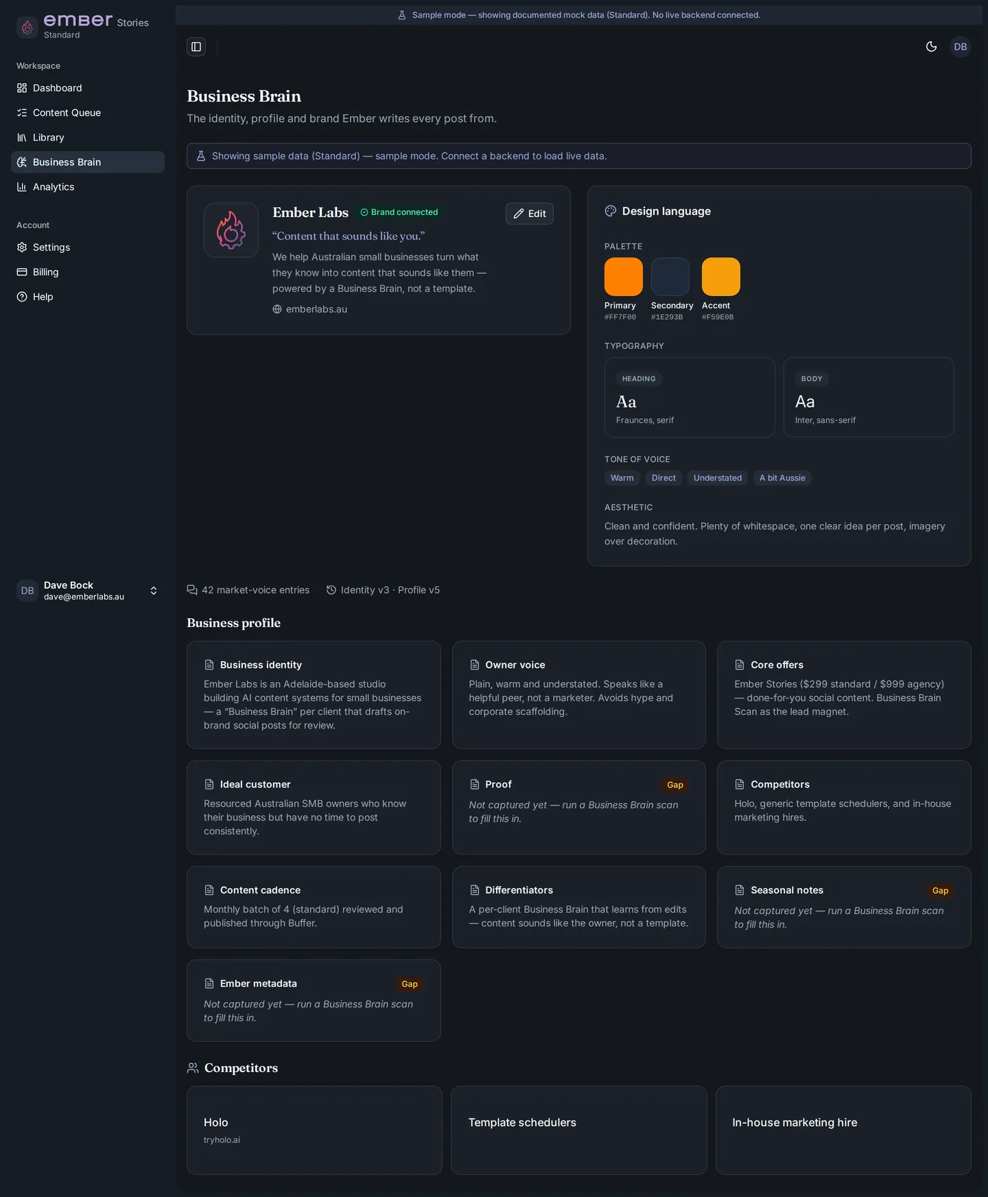 The Business Brain screen showing what Ember has learned about a business's voice, products and tone