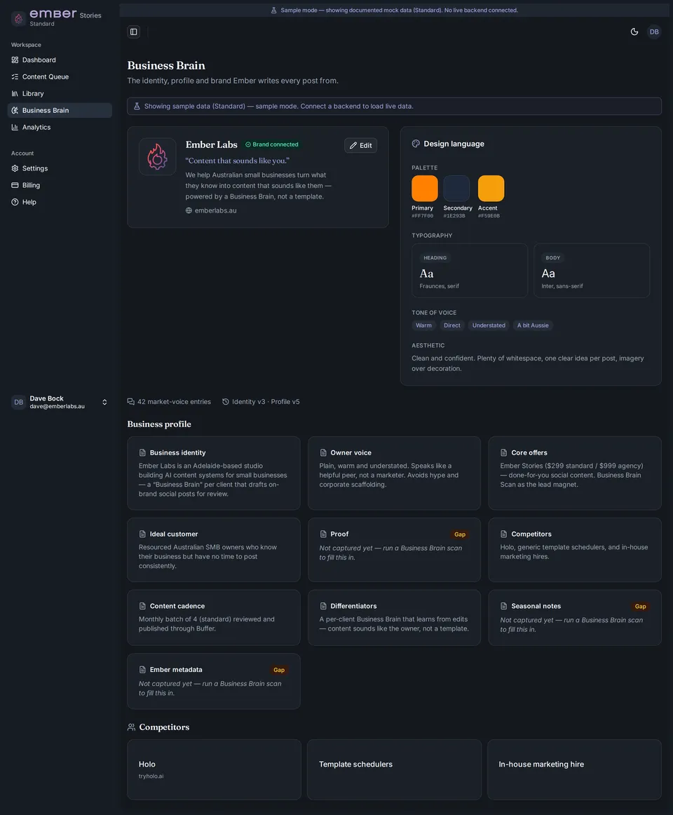 The Business Brain screen showing what Ember has learned about a business’s voice, products and tone