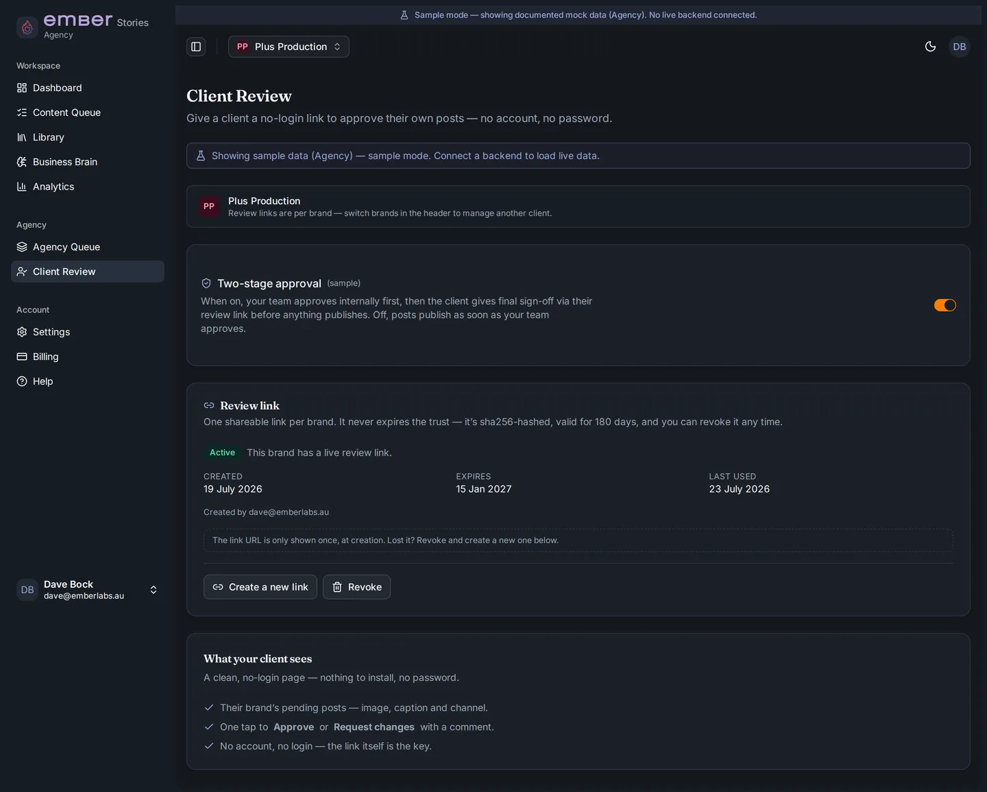 The client review screen: a client approving their own drafted posts through a link, with no Ember login required