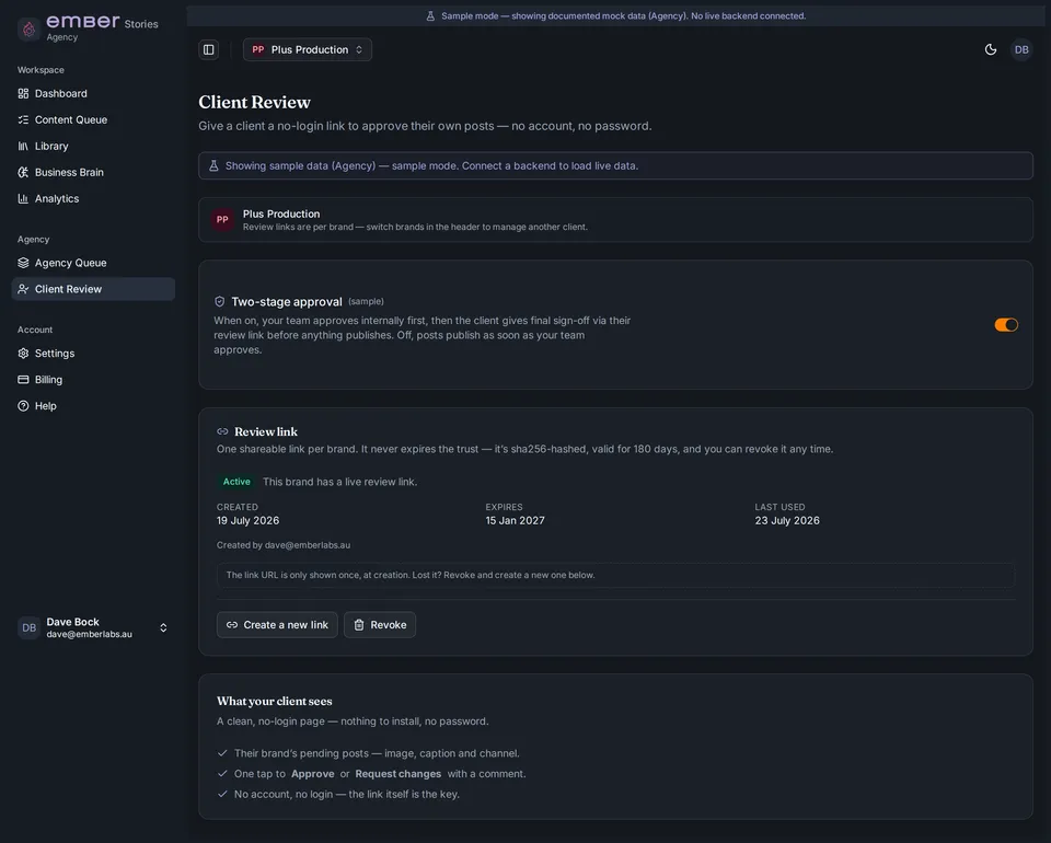 The client review screen: a client approving their own drafted posts through a link, with no Ember login required