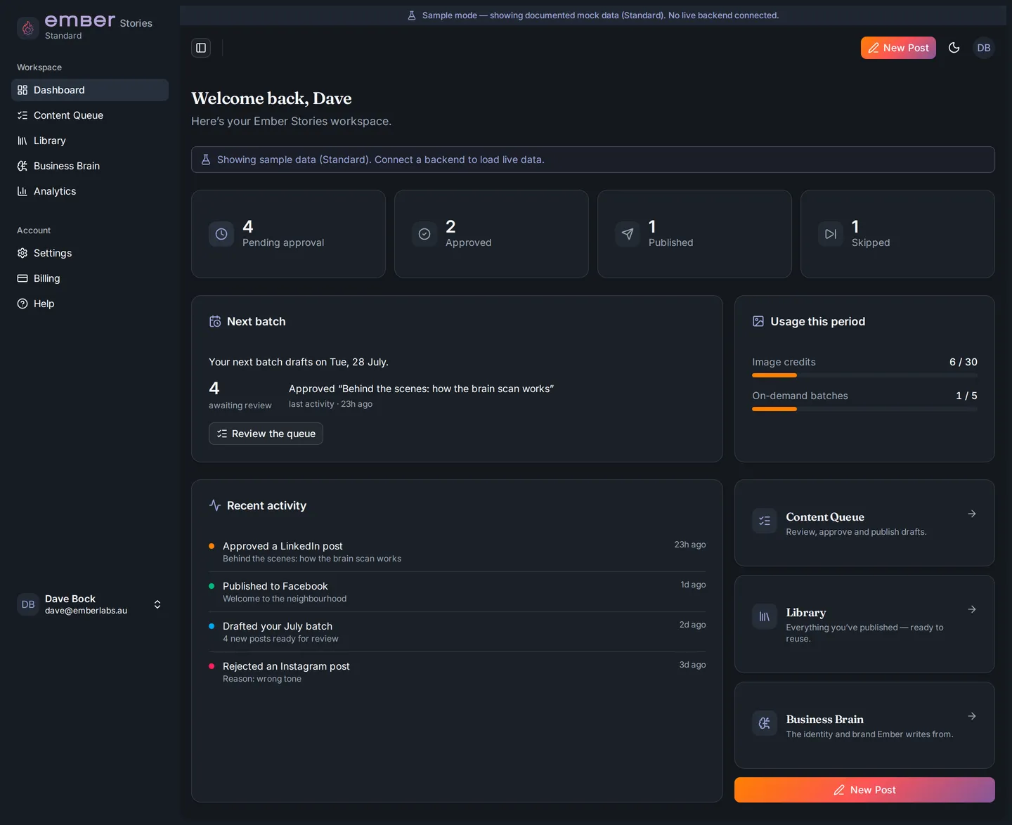 Ember Stories dashboard showing what's waiting, what's live and what's coming up next