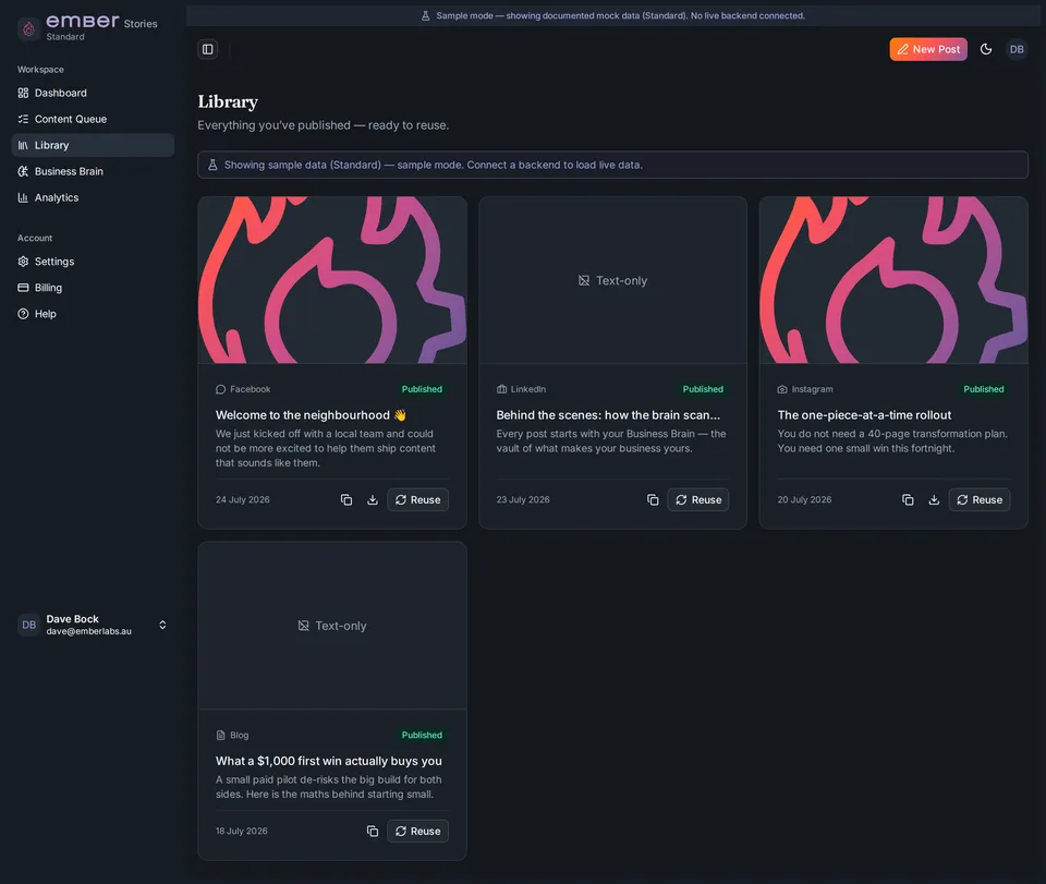 The content library showing every post Ember has produced, kept and searchable