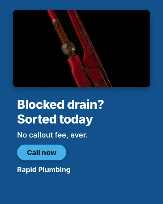 Ad-photo creative: a small cropped tool photo over a bold brand-blue card with a big headline and CTA button